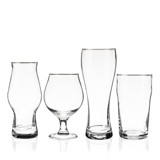 Enhance your craft beer sipping experience with this craft beer tasting kit. Featuring 4 distinct glassware shapes, this set successfully delivers complex aromas and enhances the texture, balance and flavor of your favorite beers. Four styles: 15 oz. IPA glass, 15 oz. Tulip glass, 23 oz. Wheat Beer or Hefeweizen glass, 20 oz. Imperial Pint glass.