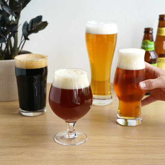 Enhance your craft beer sipping experience with this craft beer tasting kit. Featuring 4 distinct glassware shapes, this set successfully delivers complex aromas and enhances the texture, balance and flavor of your favorite beers. Four styles: 15 oz. IPA glass, 15 oz. Tulip glass, 23 oz. Wheat Beer or Hefeweizen glass, 20 oz. Imperial Pint glass.
