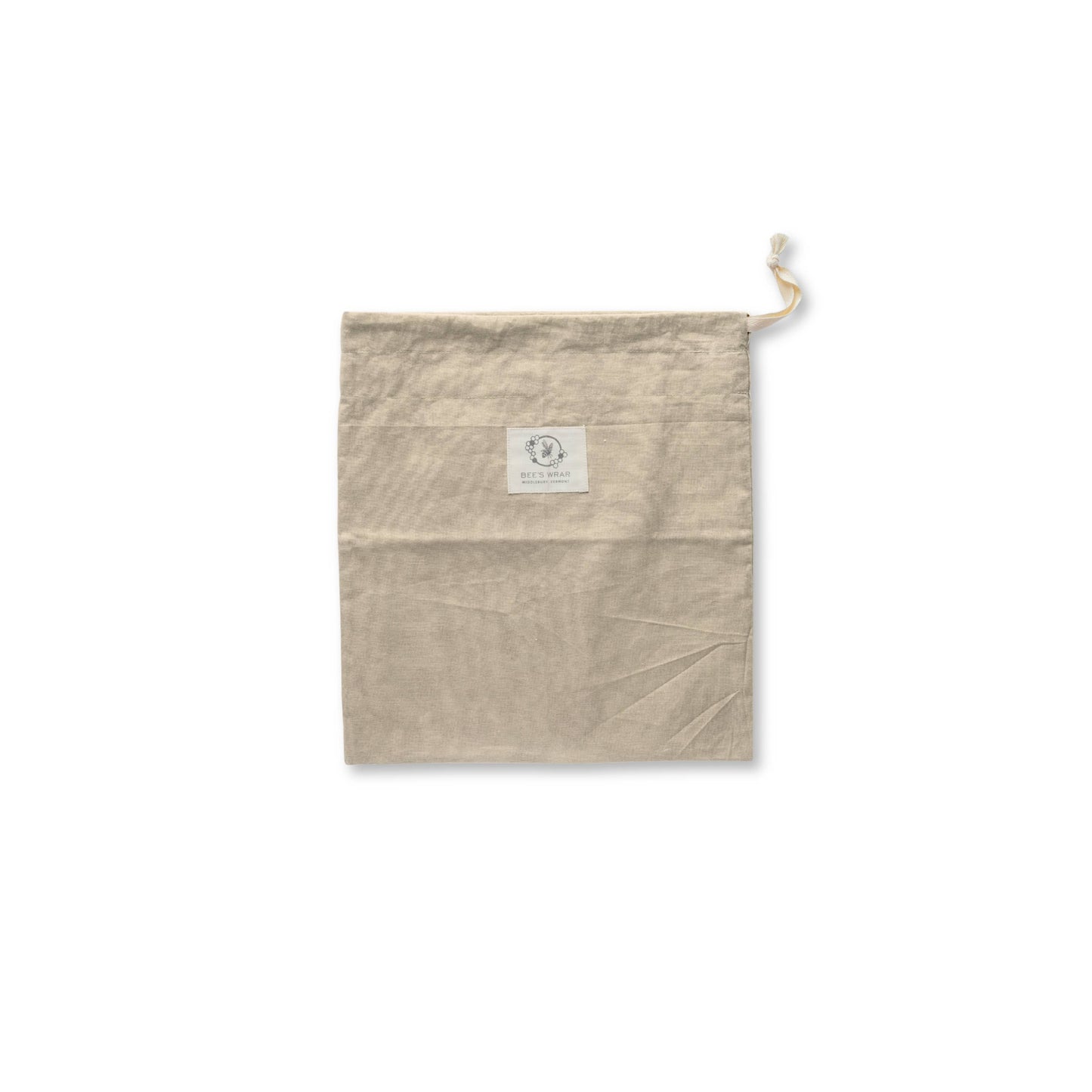 Beige fabric pouch with a brand label on a white background