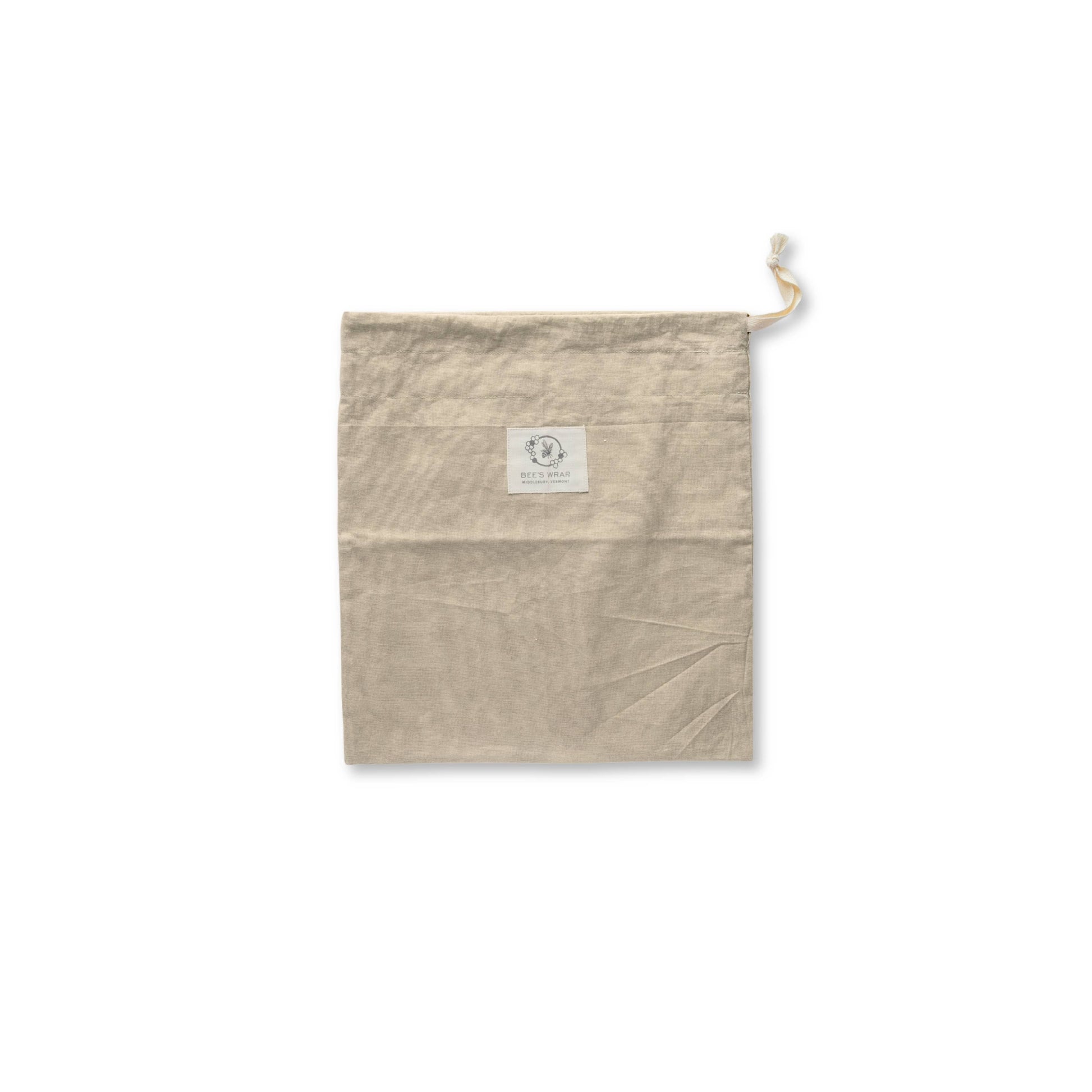Beige fabric pouch with a brand label on a white background