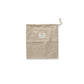 Beige fabric pouch with a brand label on a white background