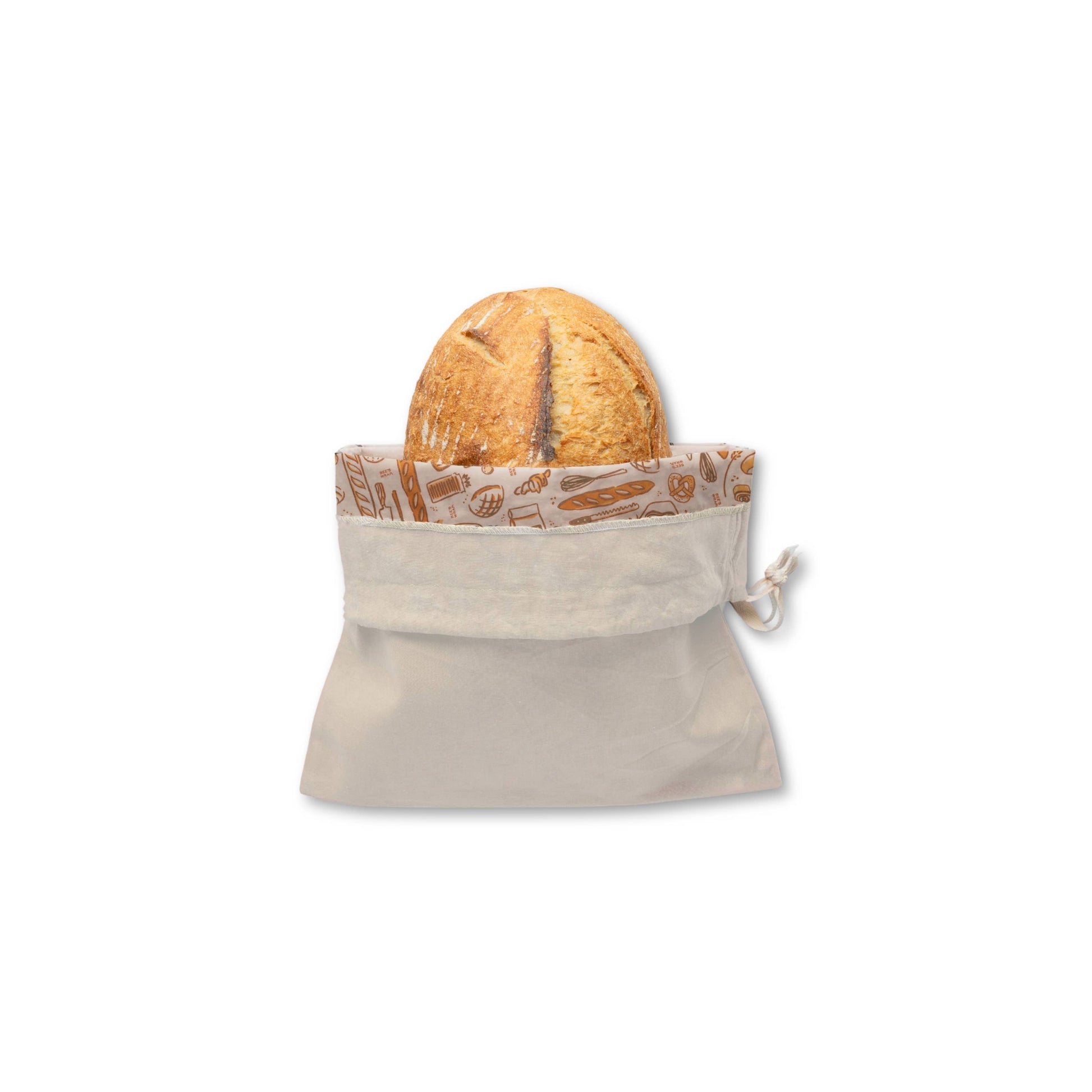 Reusable fabric produce bag with a loaf of bread on a white background