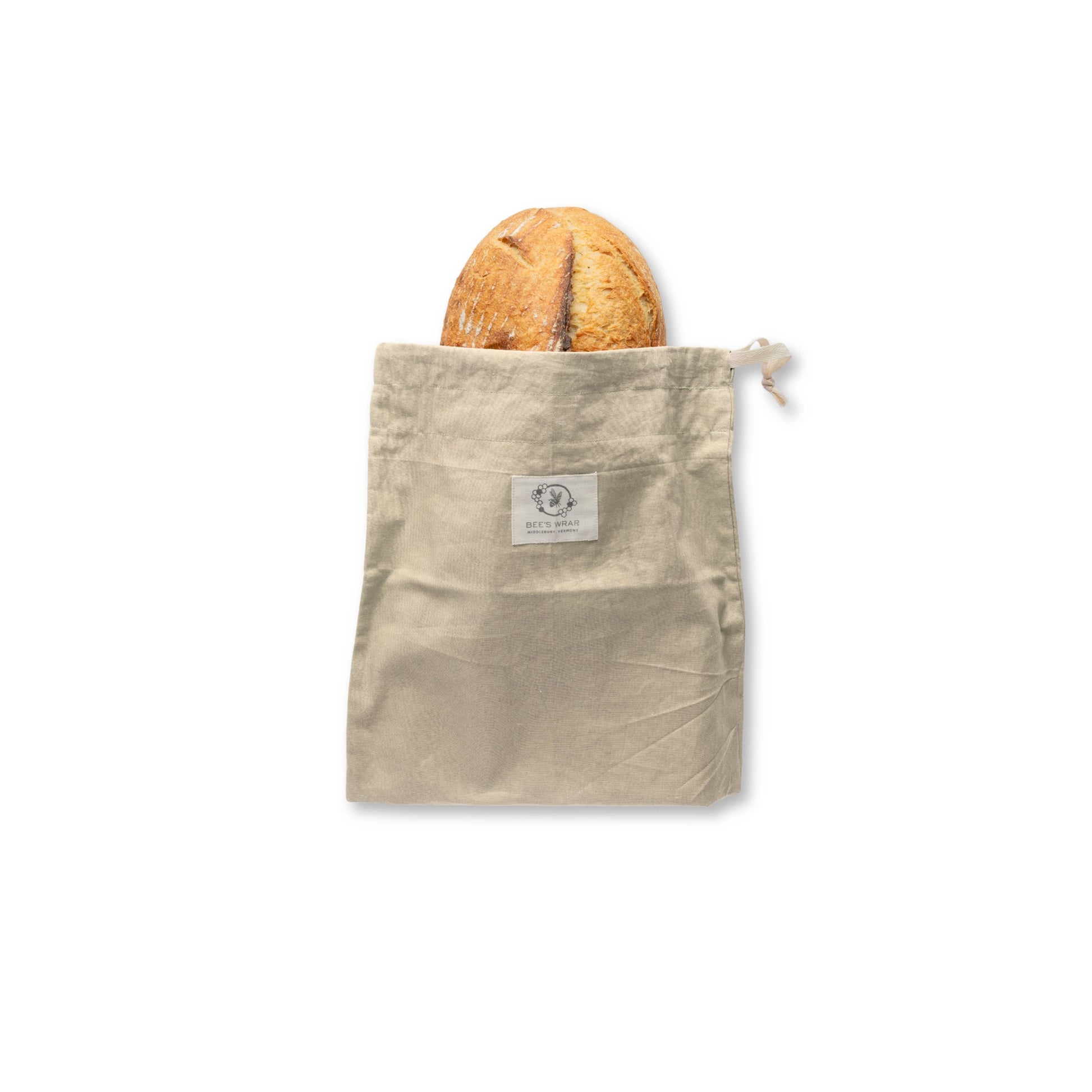 Beige reusable grocery bag with a loaf of bread on a white background