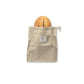 Beige reusable grocery bag with a loaf of bread on a white background