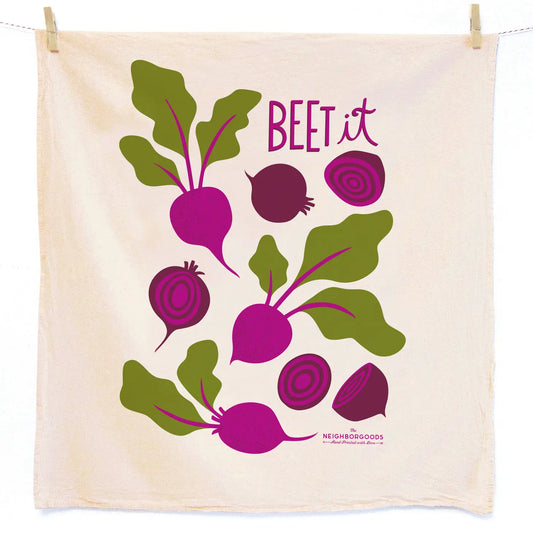 This colorful, beet-utiful tea towel will add a pop of fun to your kitchen and makes a great housewarming or hostess gift for your root veggie loving friends and family.   Made from 100% flour sack cotton, our Beet It dish towel will only get softer and more absorbent over the years in your kitchen. This generously sized dish towel can handle small and big tasks in the kitchen as well as household chores.
