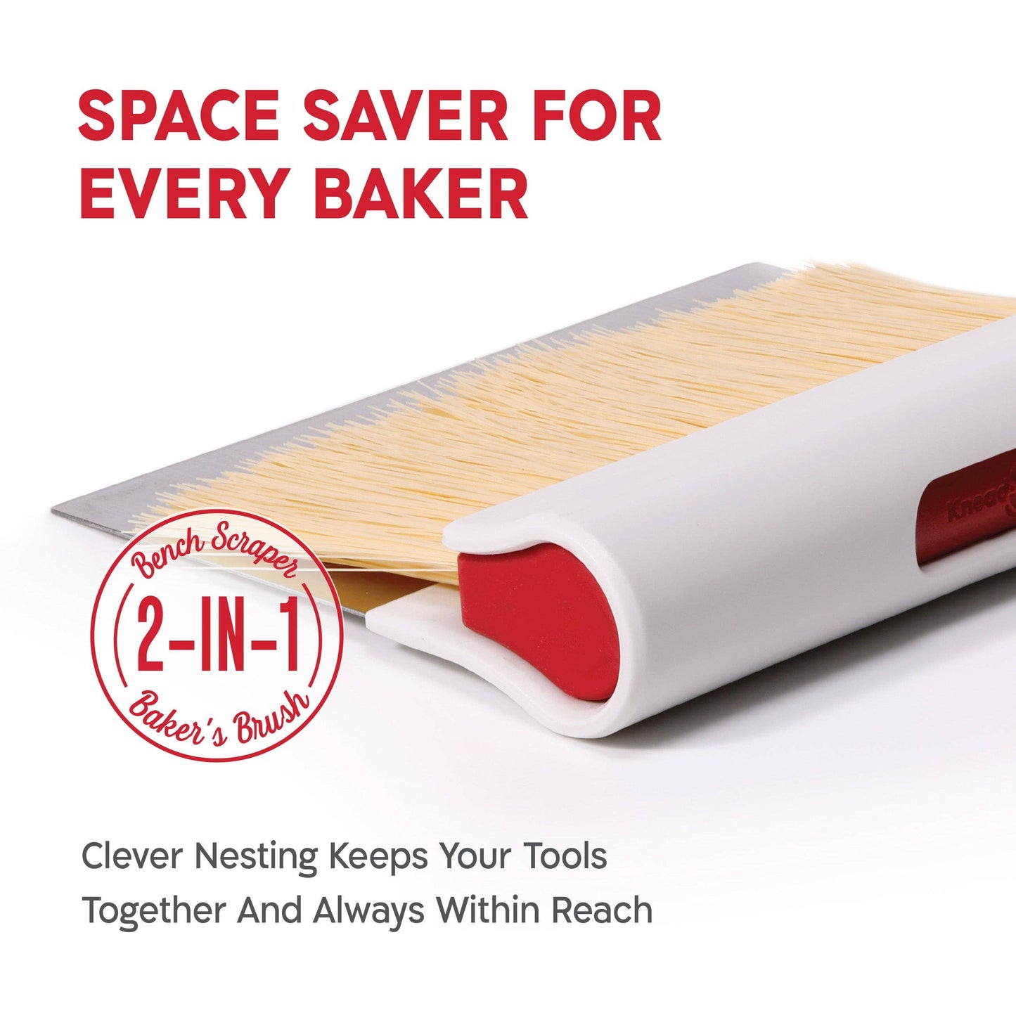 2-in-1 bench scraper and baker's brush with text on a white background