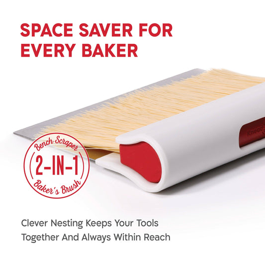 2-in-1 bench scraper and baker's brush with text on a white background