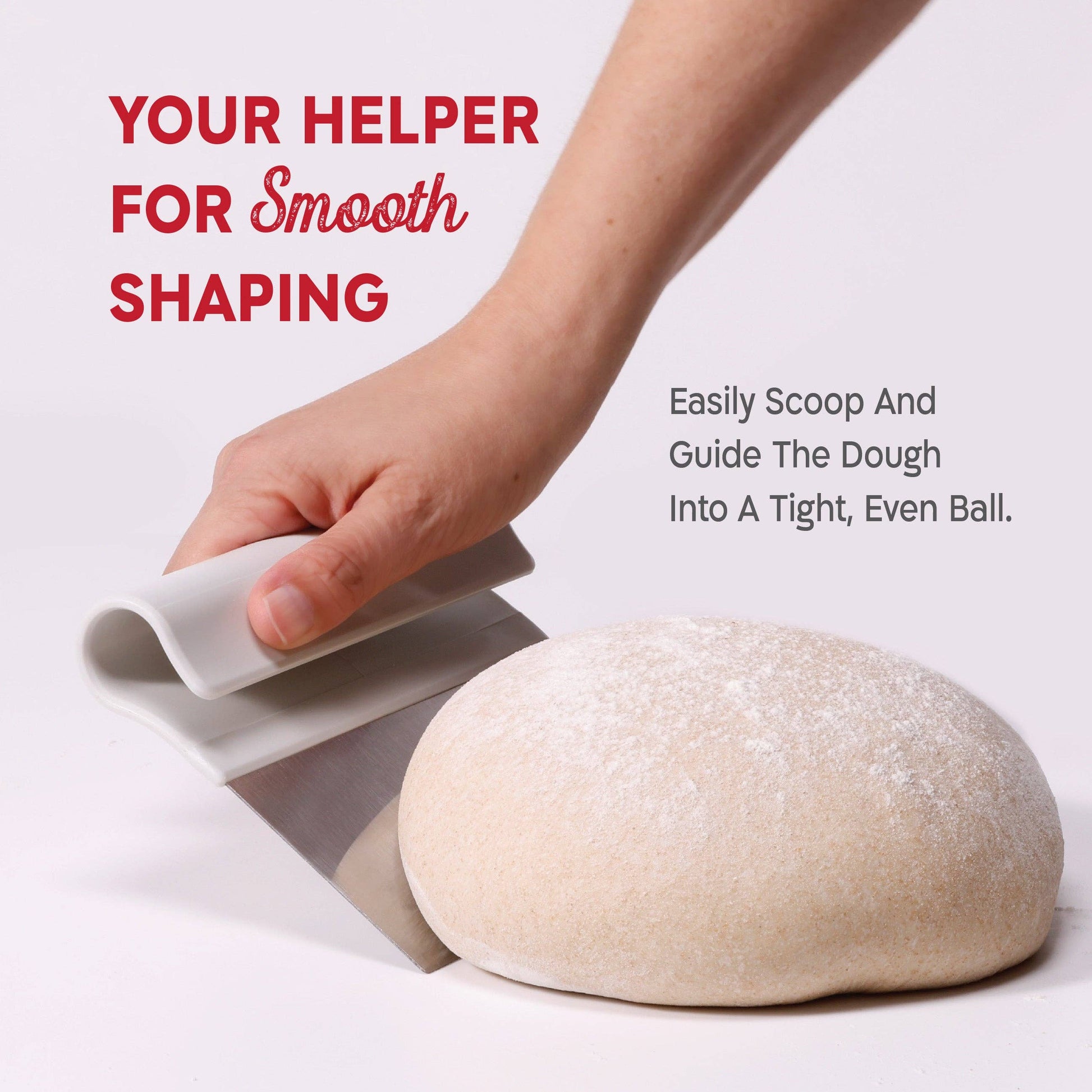 Hand using a dough scraper to shape dough with text on a white background