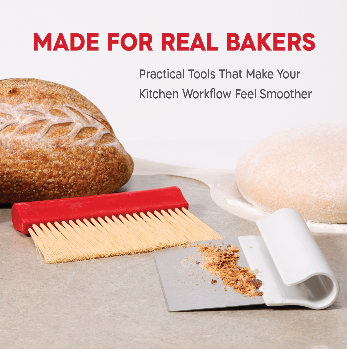 Baking tools with a loaf of bread on a neutral background, featuring text 'Made for Real Bakers'.