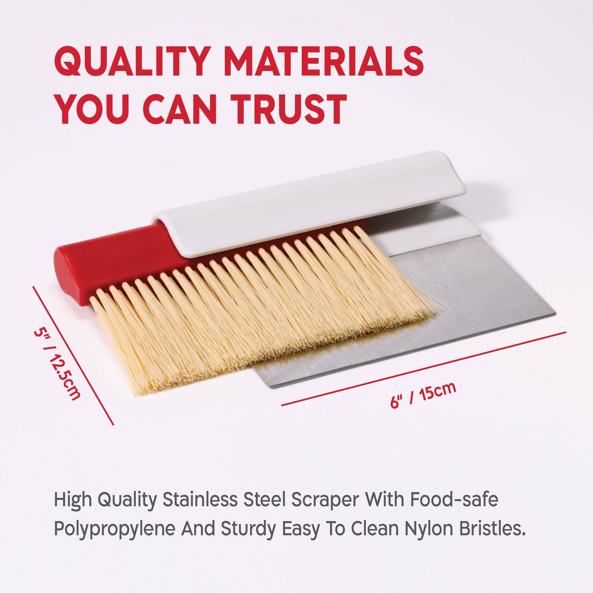 Stainless steel scraper with red handle and wooden bristles, labeled 'Quality Materials You Can Trust'.