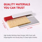 Stainless steel scraper with red handle and wooden bristles, labeled 'Quality Materials You Can Trust'.