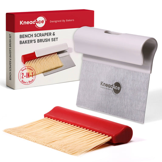 KneadAce bench scraper and baker's brush set with packaging on a white background