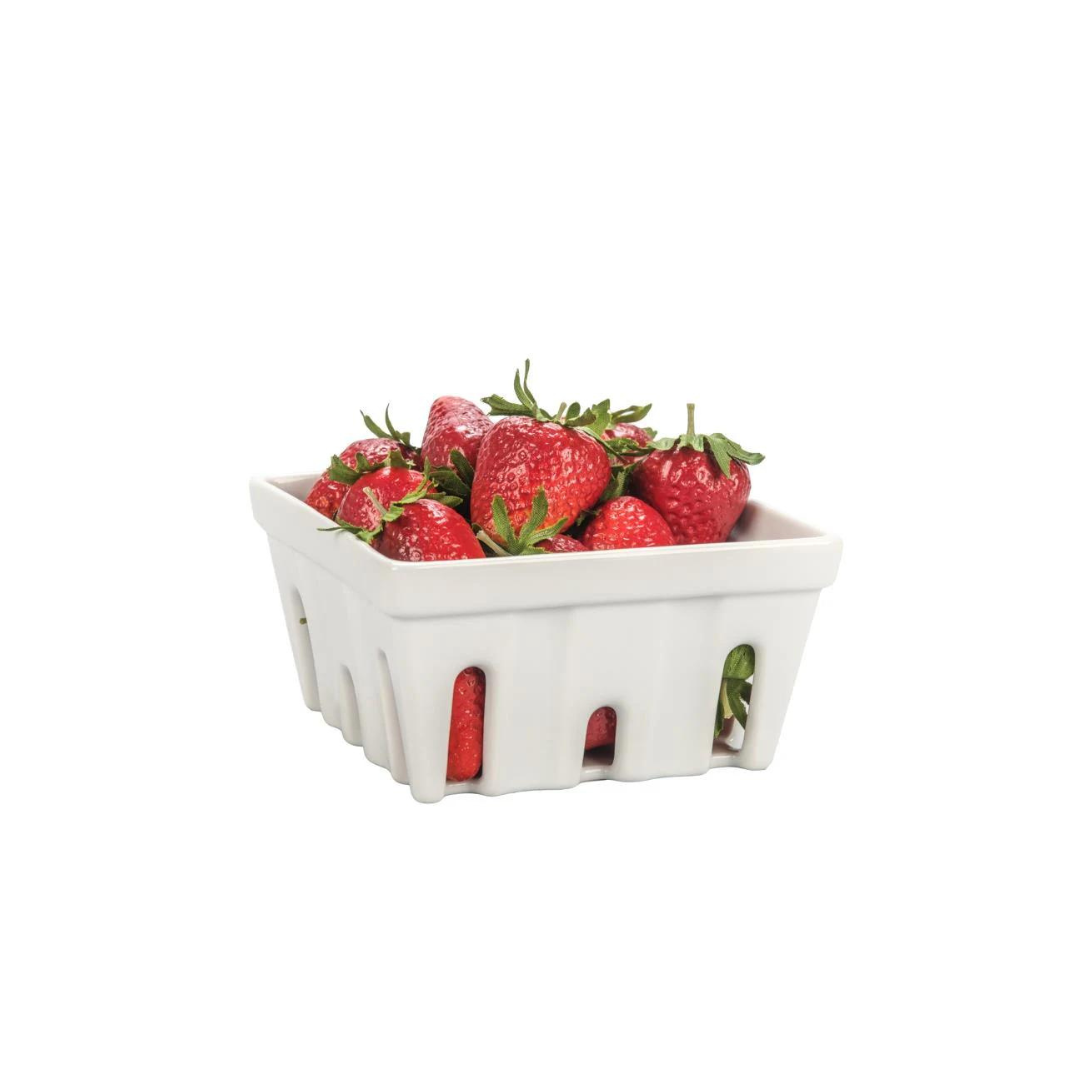 White Ceramic Berry Basket by BIA with red strawberries 