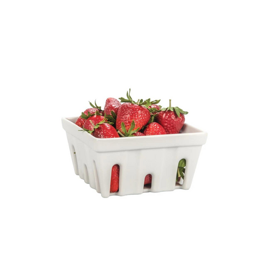 White Ceramic Berry Basket by BIA with red strawberries 