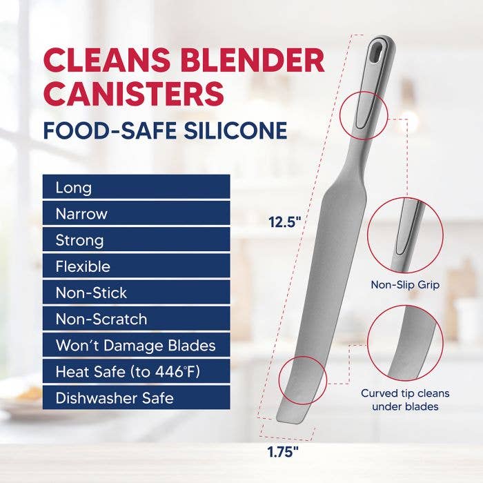 gray spurtle tool for blender canisters with features listed on a white background