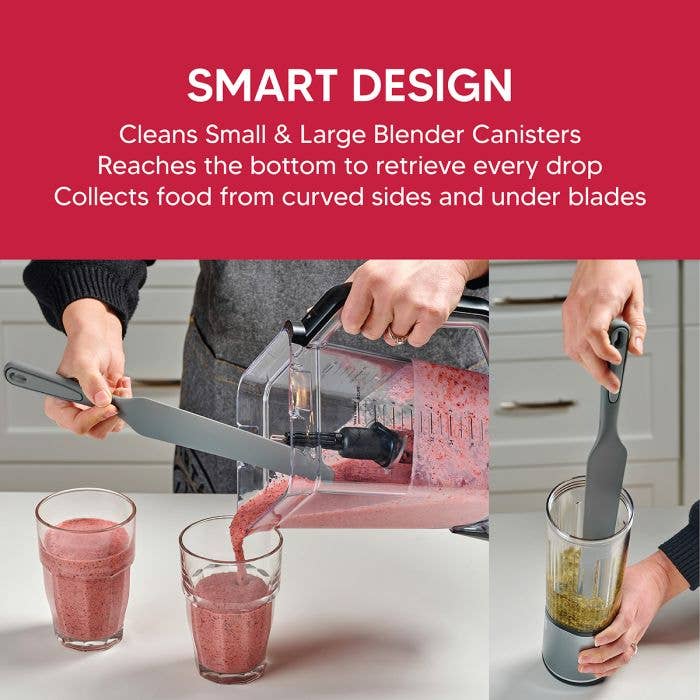 Blender cleaning tool with text highlighting its features on a red background