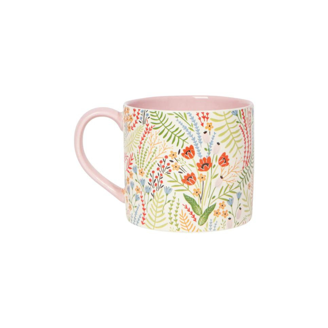 Bouquet Mug! Adorned with a cheerful wildflower pattern on the outside and a lovely pop of pink on the inside