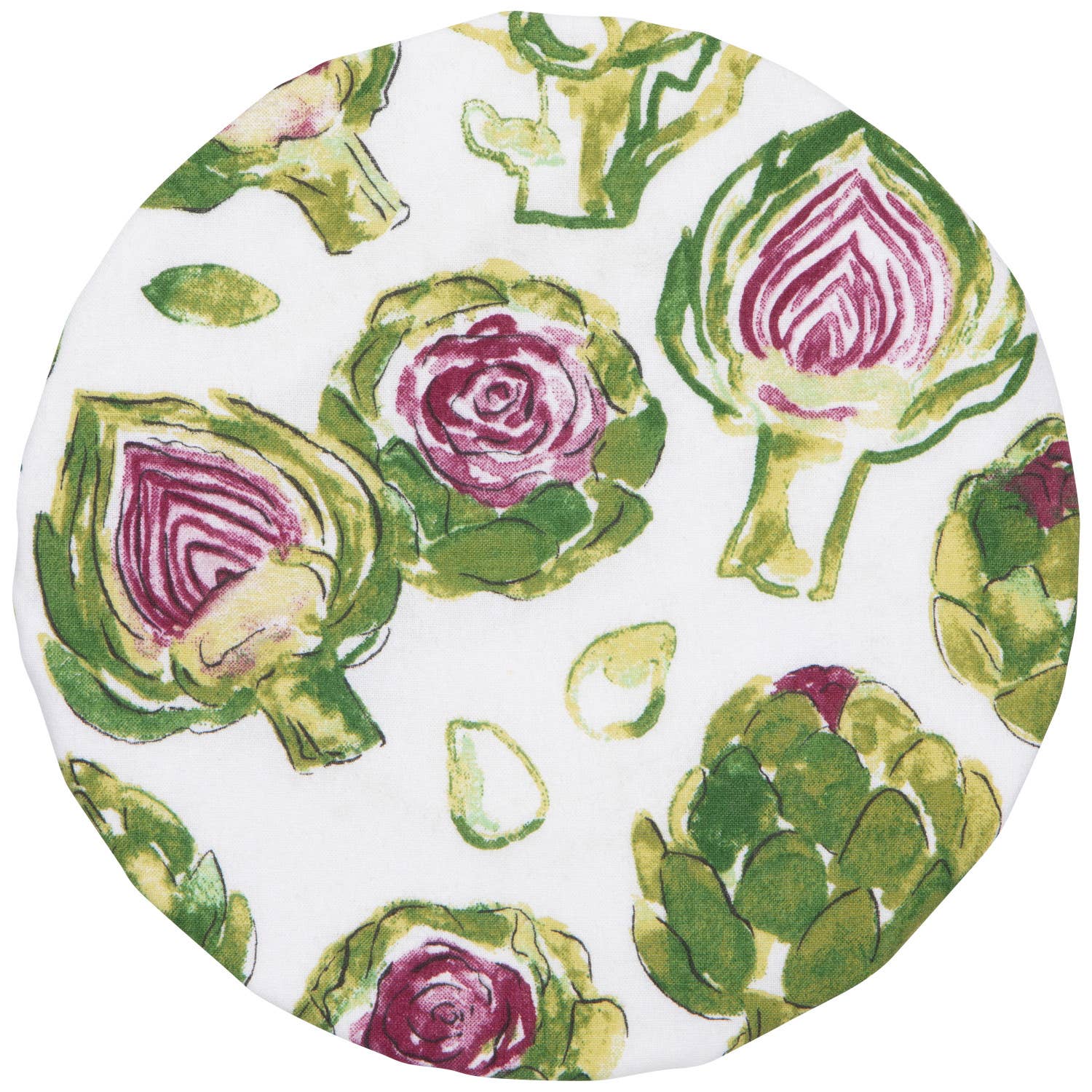 Round ceramic coaster with artichoke design on a white background