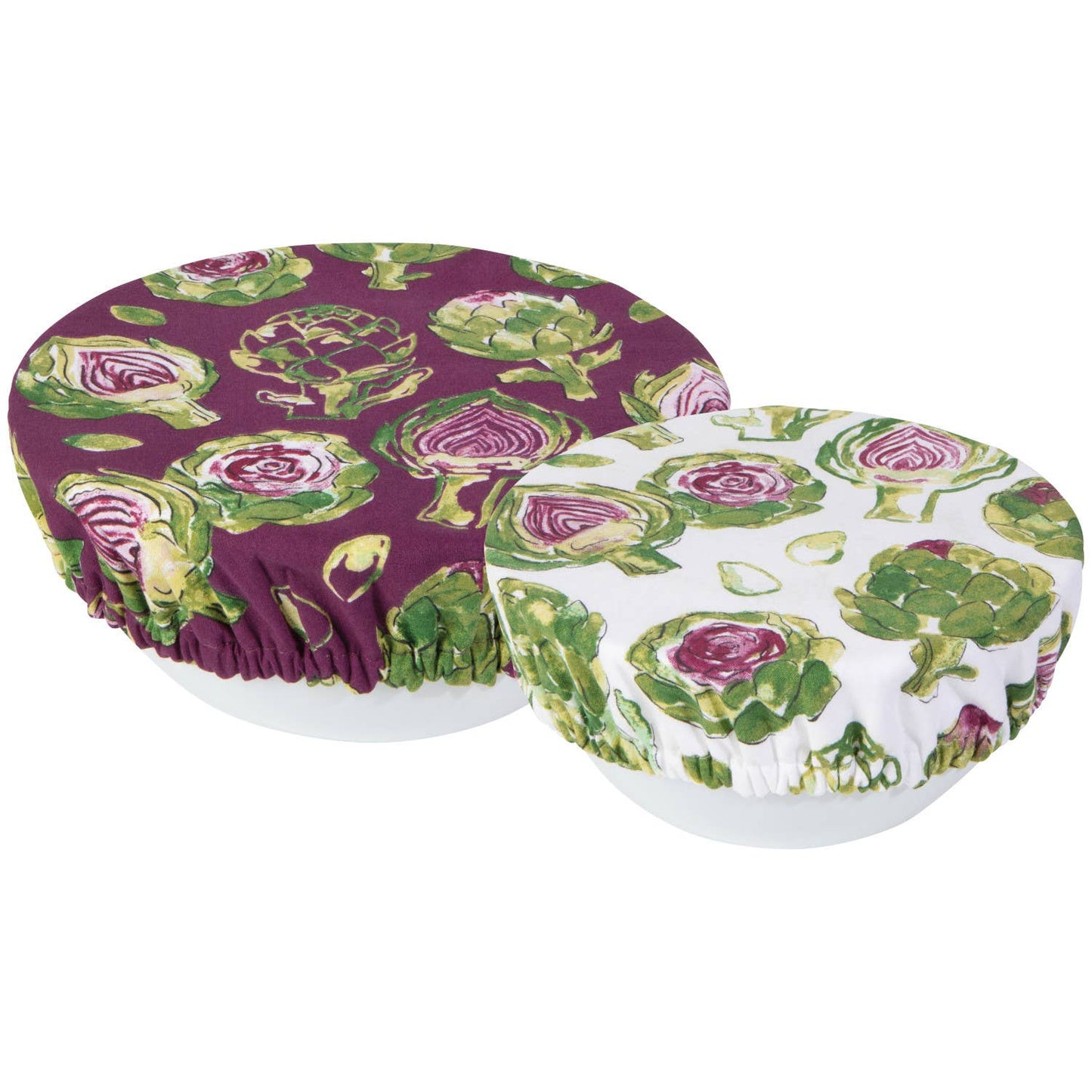 Two round fabric covers with artichoke pattern on a white background