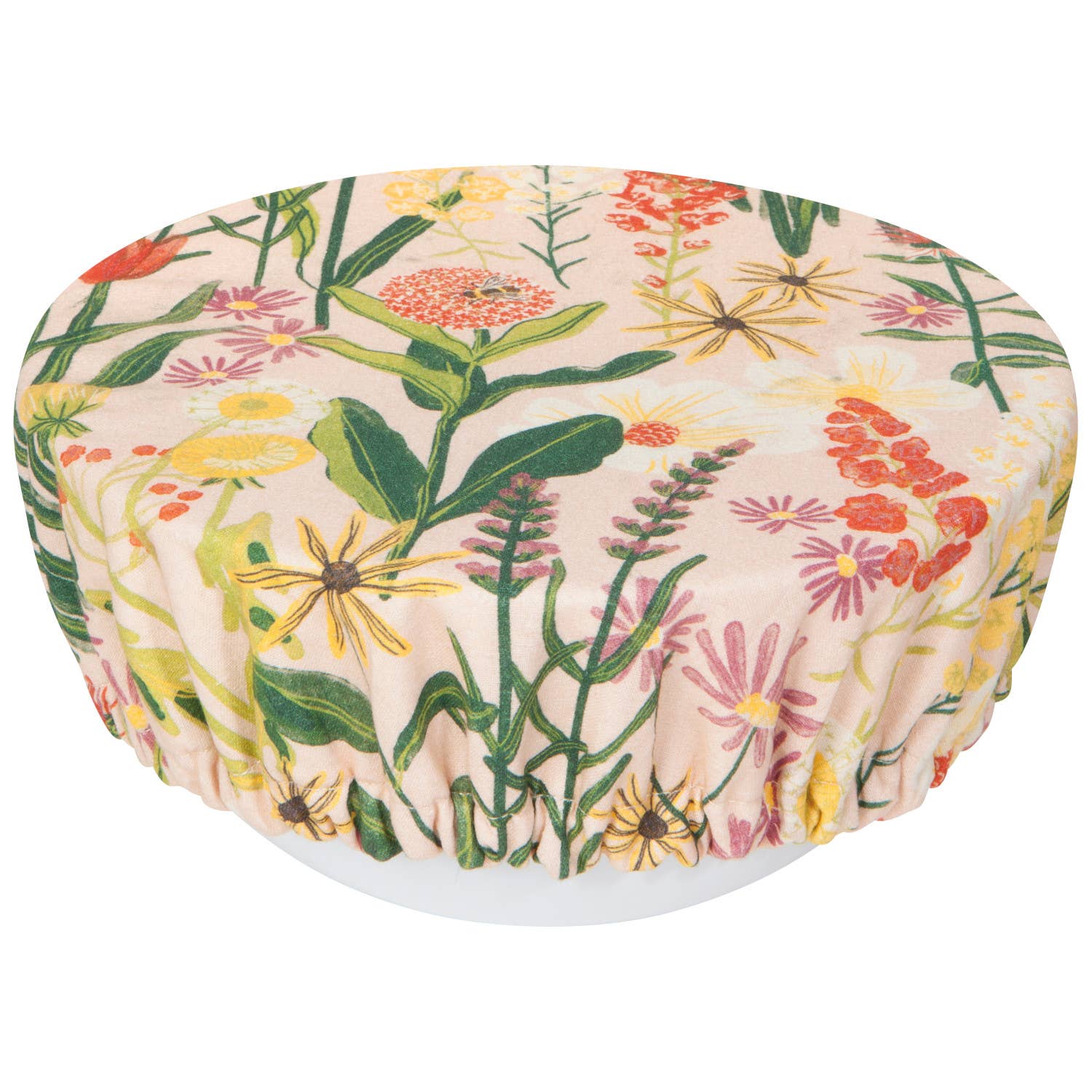 Floral-patterned fabric cover on a white background