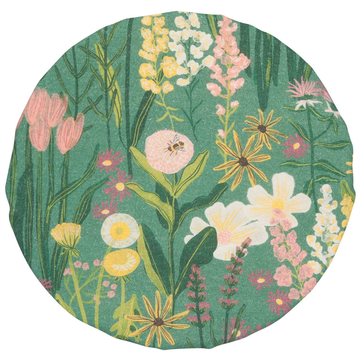 Round fabric bowl cover with a floral pattern on a green background