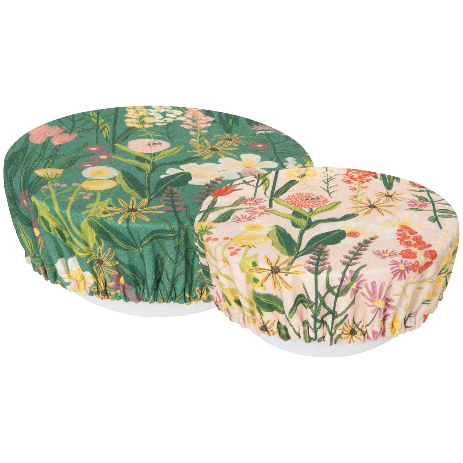 Two floral-patterned fabric covers on  white bowls