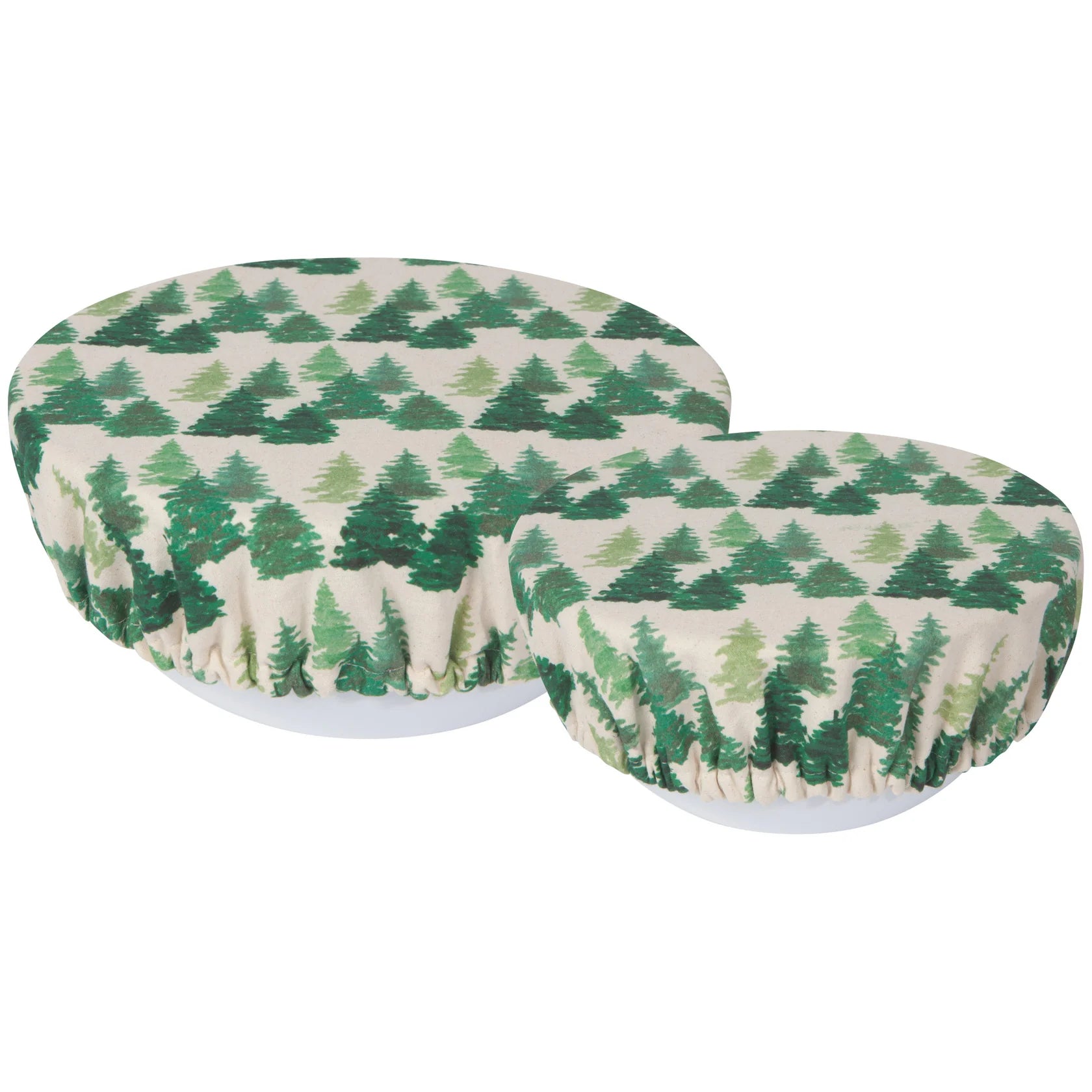 Two round cushions with green tree pattern on a white background