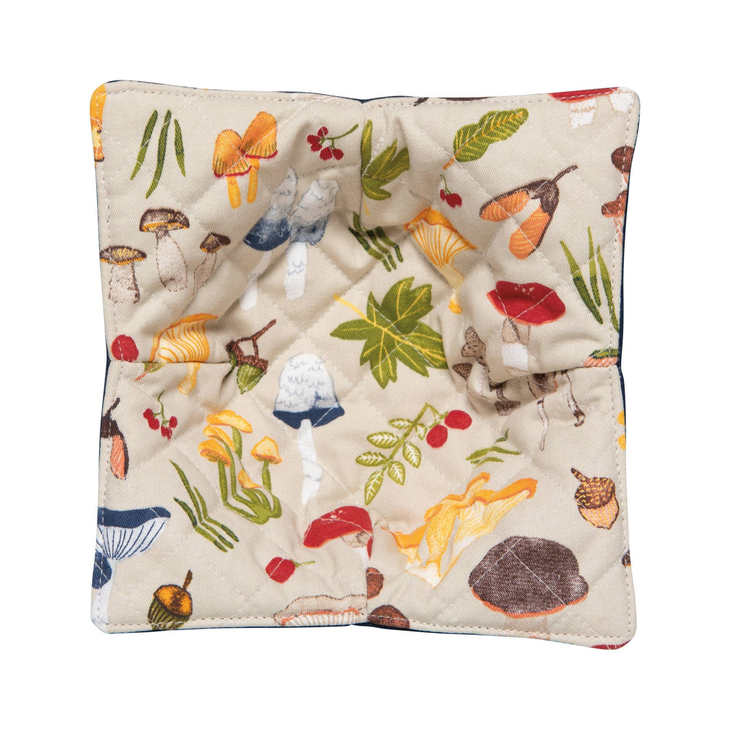 Bowl cozy with nature-themed pattern on a white background