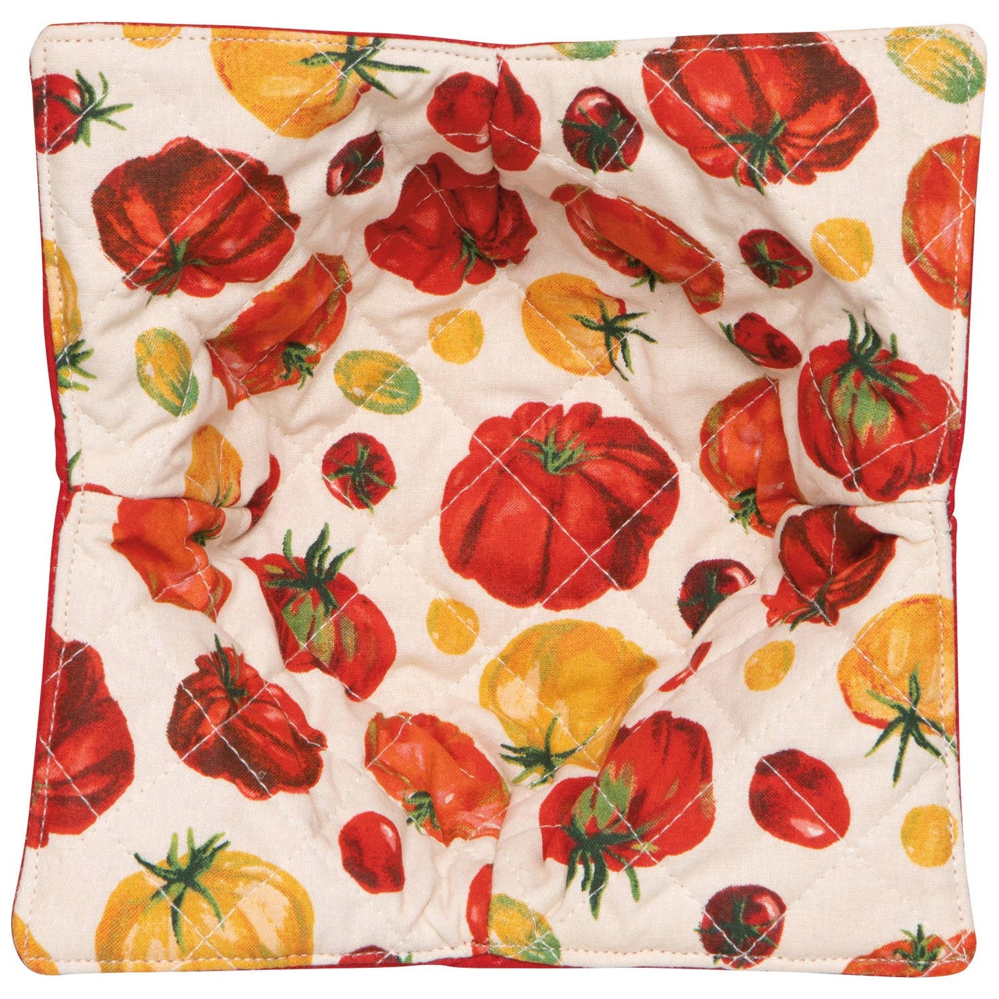 Quilted pot holder with tomato and pepper pattern on a white background
