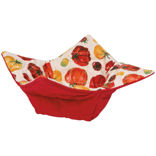 Red fabric bowl holder with tomato pattern on a white background