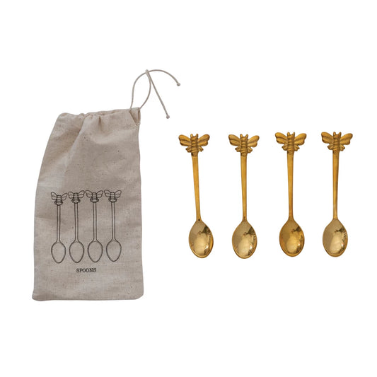 Add a touch of charm to your gatherings with this beautifully crafted set of brass spoons, featuring whimsical bee-shaped handles in a stylish brass finish. Inspired by cozy cottage aesthetics, these versatile spoons are perfect for serving, stirring, or simply elevating your table decor. Measuring 4.5” in length, they are made of durable brass and should be hand washed only to maintain their elegant finish.