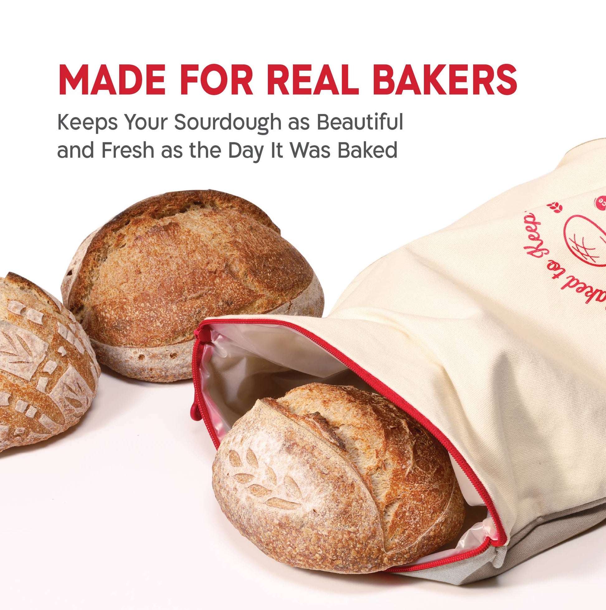 Bread bags with bread inside, labeled 'Made for Real Bakers' on a white background.