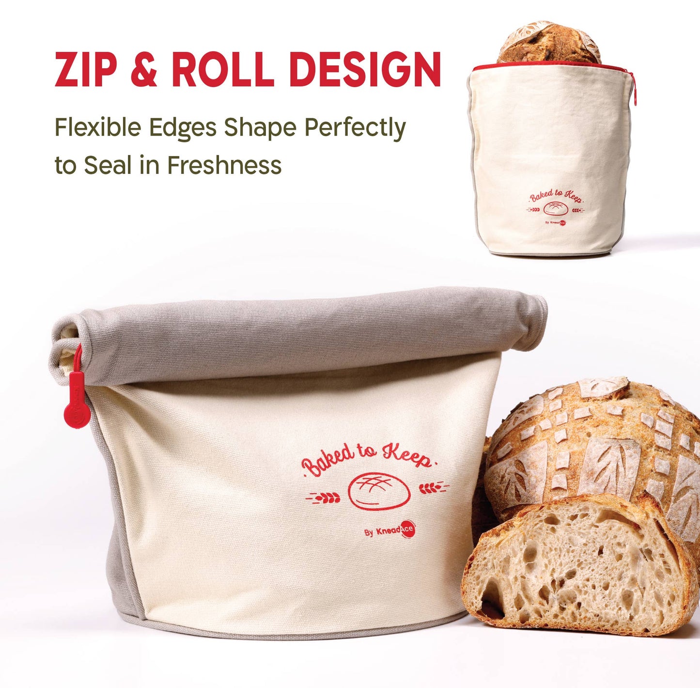 Canvas bread bag with 'Baked to Keep' branding, surrounded by bread slices on a white background.