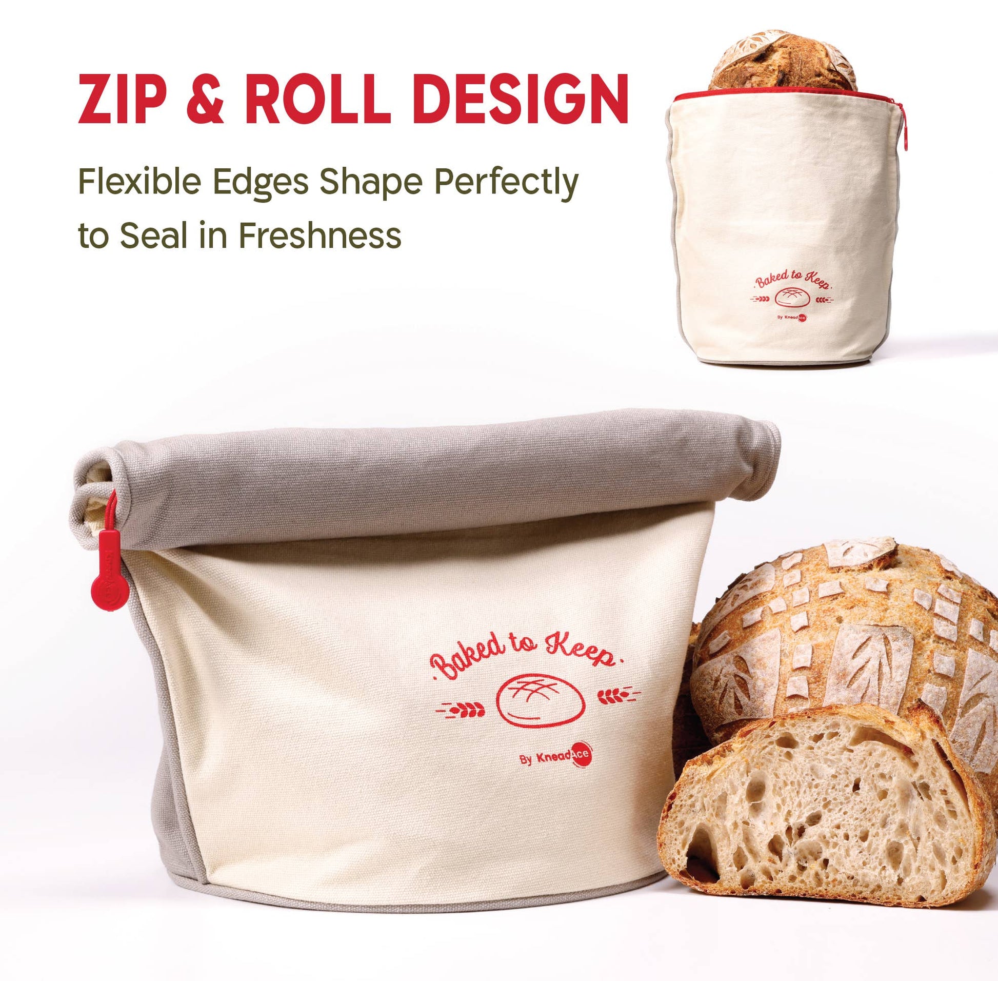 Canvas bread bag with 'Baked to Keep' branding, surrounded by bread slices on a white background.