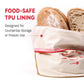 Bread in a reusable bag with 'Baked to Rez' branding and text about food-safe TPU lining.
