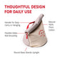 Beige fabric bag with red accents and features labeled on a white background