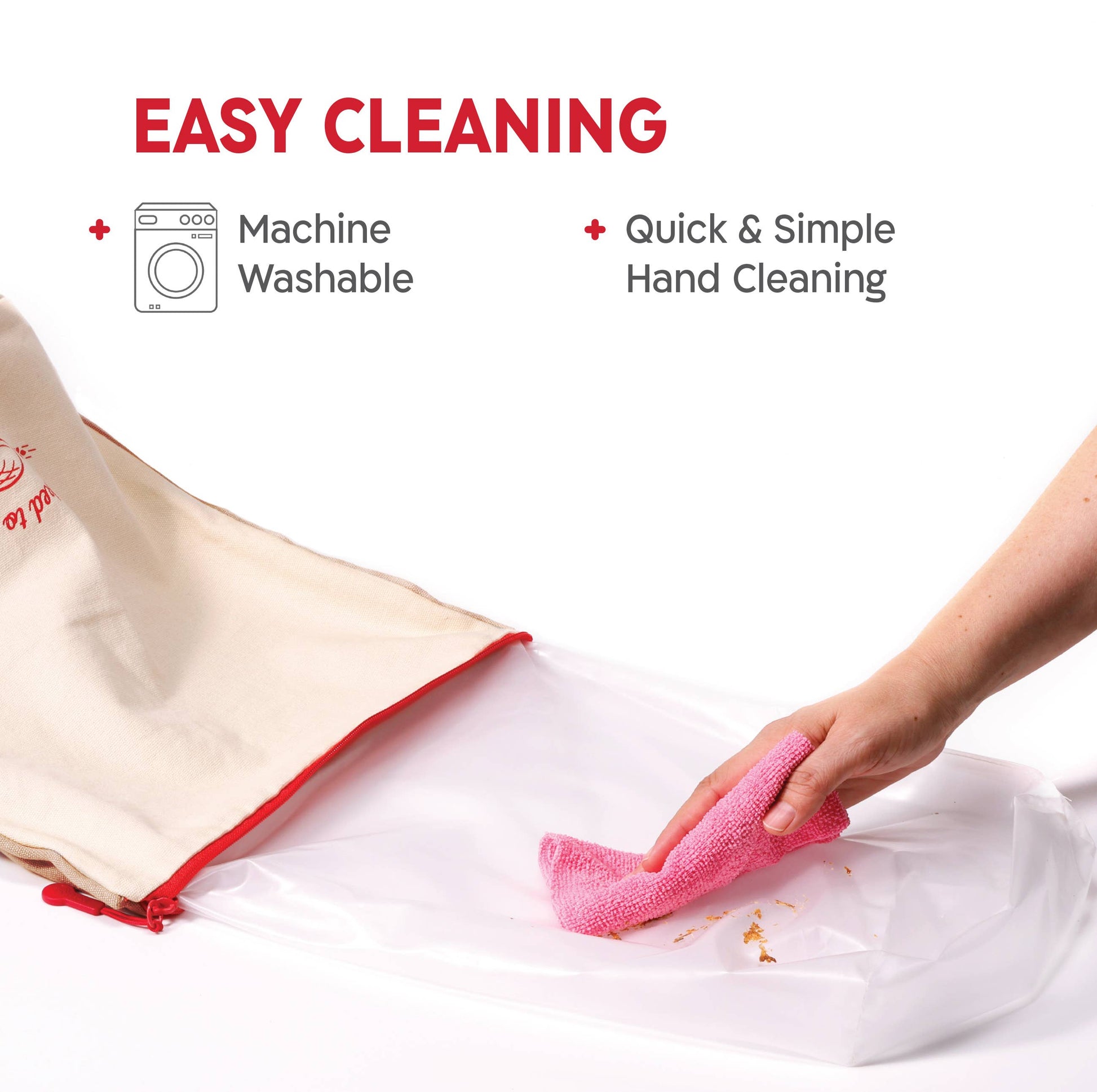 Person cleaning a surface with a pink cloth, with text about easy cleaning methods on a white background.