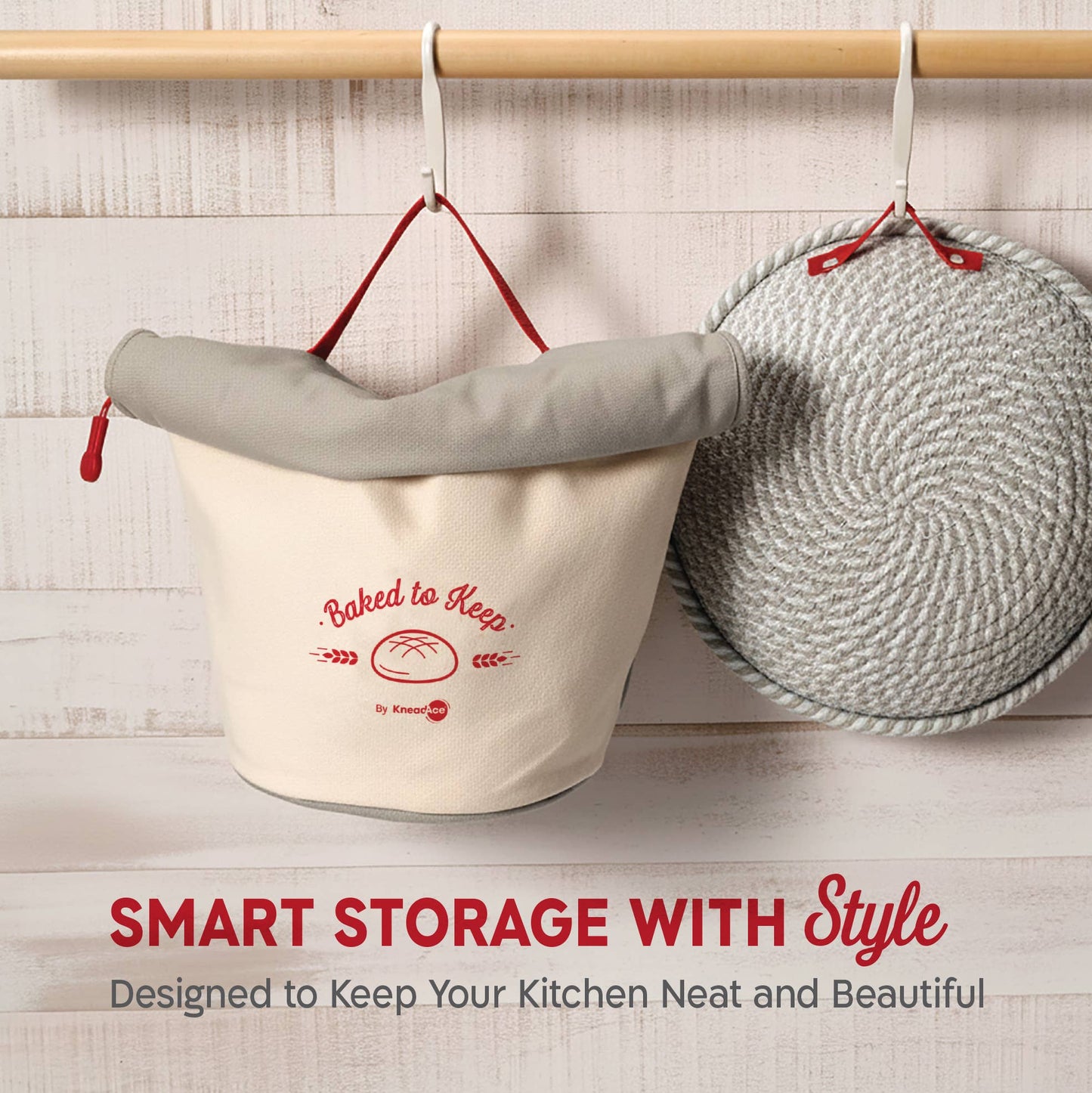 Canvas bag with red text and a woven lid on a wooden surface, with text 'Smart Storage with Style' below.