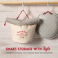Canvas bag with red text and a woven lid on a wooden surface, with text 'Smart Storage with Style' below.