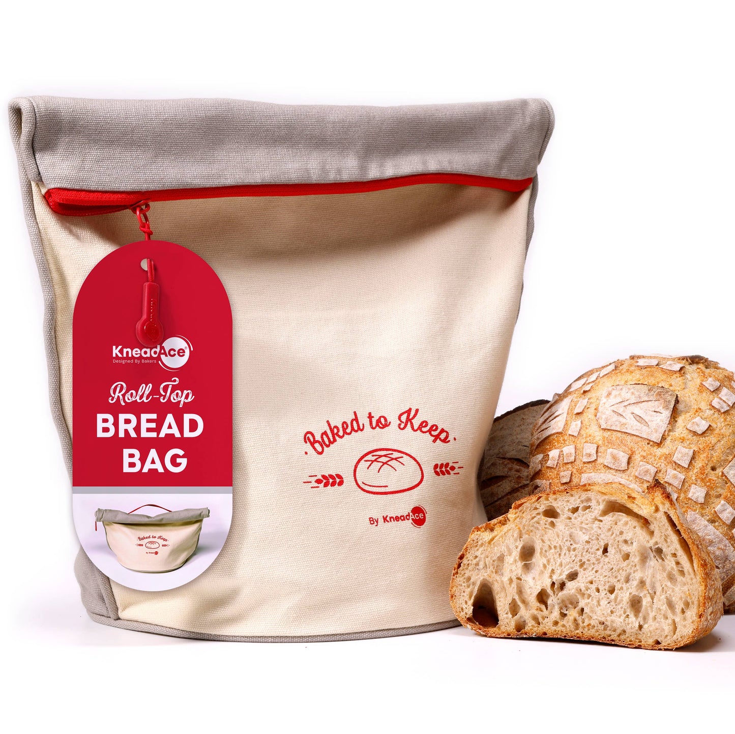 Kneadace roll-top bread bag with a loaf of bread on a white background
