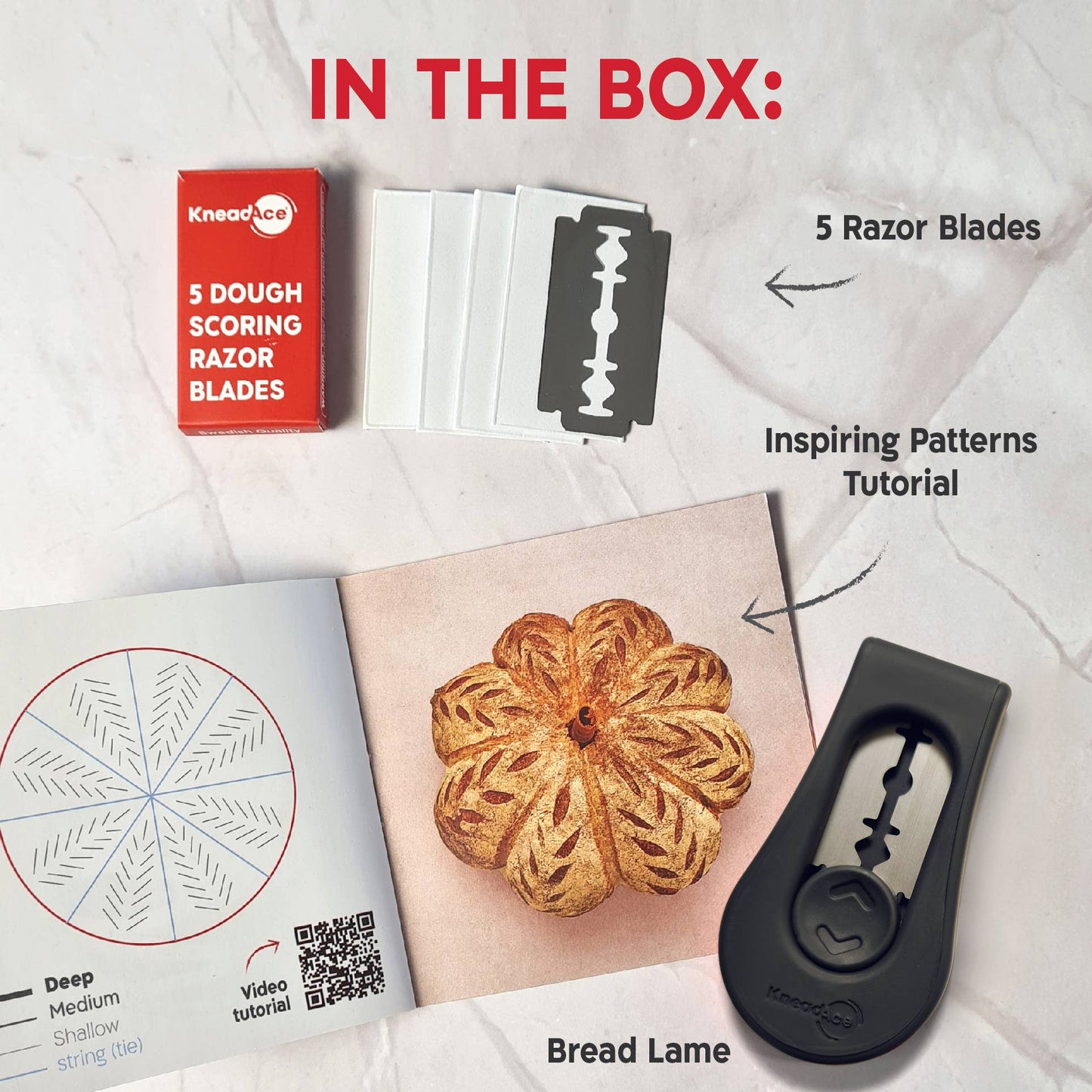 Bread Lame set with dough scoring blades, tutorial book, and packaging on a white background