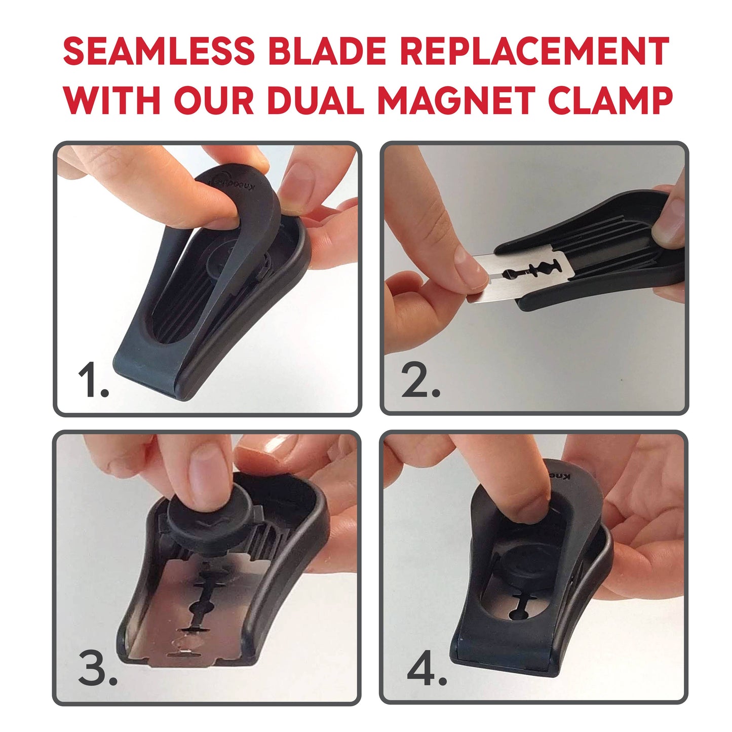 Step-by-step guide on how to replace a blade using a dual magnet clamp.