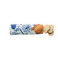 Bread wrapped in a blue and white patterned paper on a white background