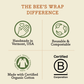 Chart detailing the features of 'The Bee's Wrap' including origin, sustainability, organic cotton, and certification.