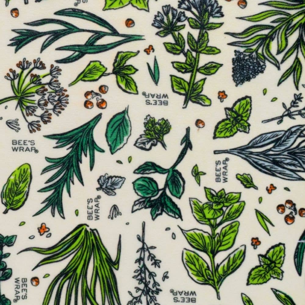 Pattern of green leaves and herbs with 'Bee's Wrap' text on a white background