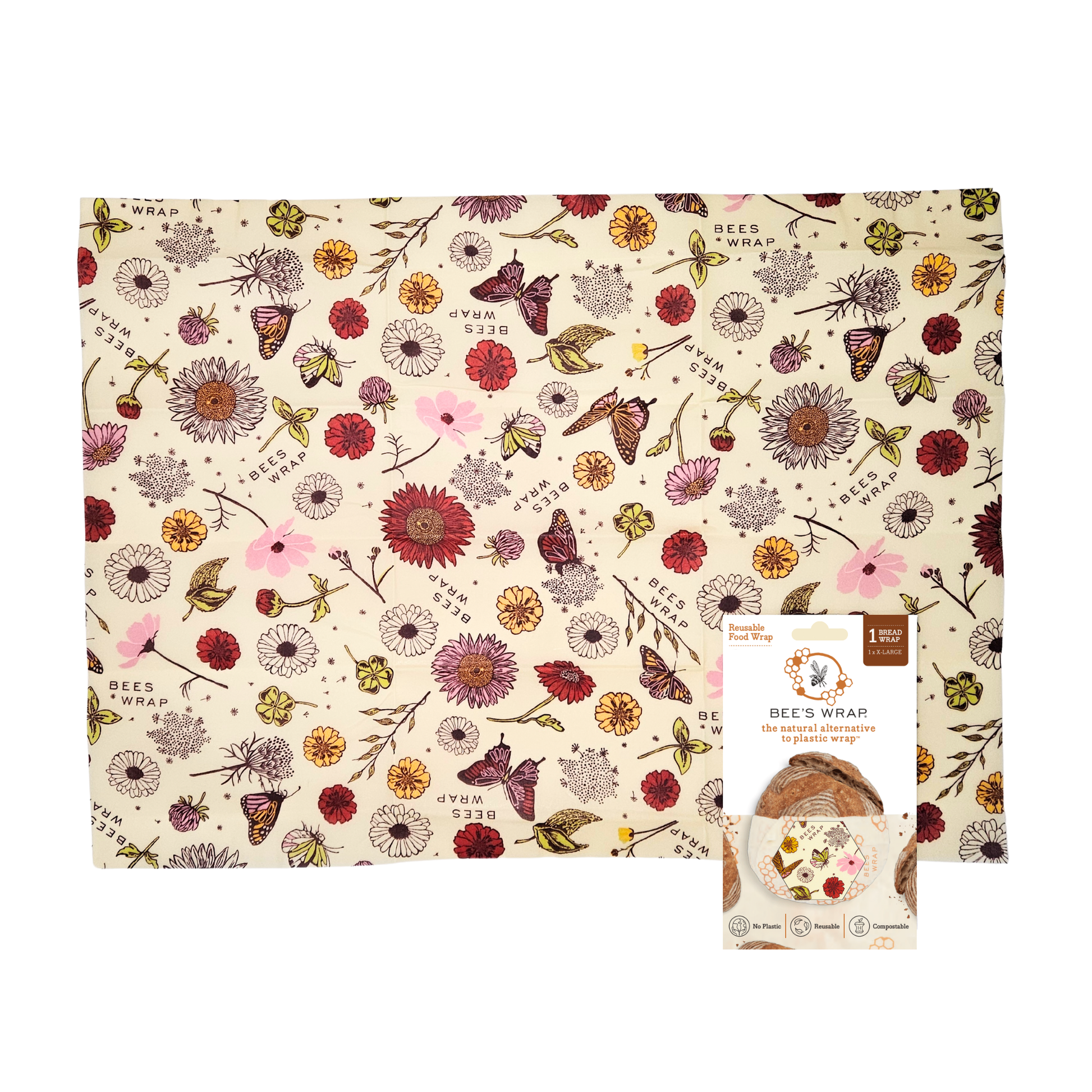 Floral-patterned beeswax wrap with packaging on a matching background