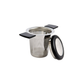 Stainless steel tea infuser with black handles on a white background