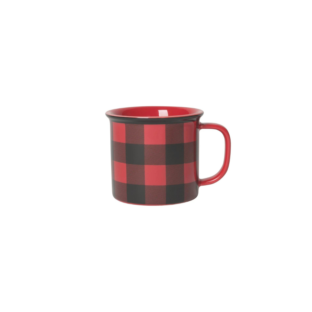 the Heritage Mug in Buffalo Check, with a striking buffalo check pattern and contrasting rim.