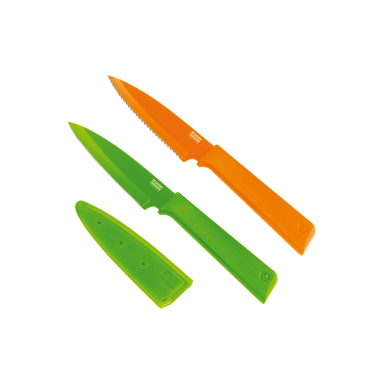 Kunh Rikon Paring and Serrated Knife Set 2 piece green and orange with sheath