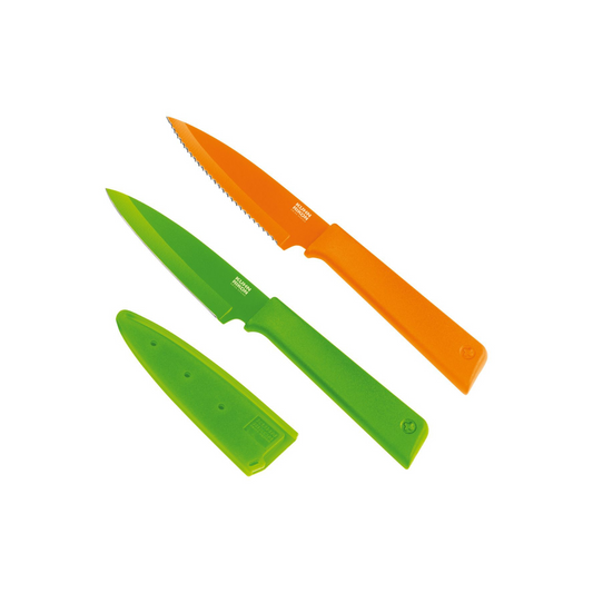 Kunh Rikon Paring and Serrated Knife Set 2 piece green and orange with sheath